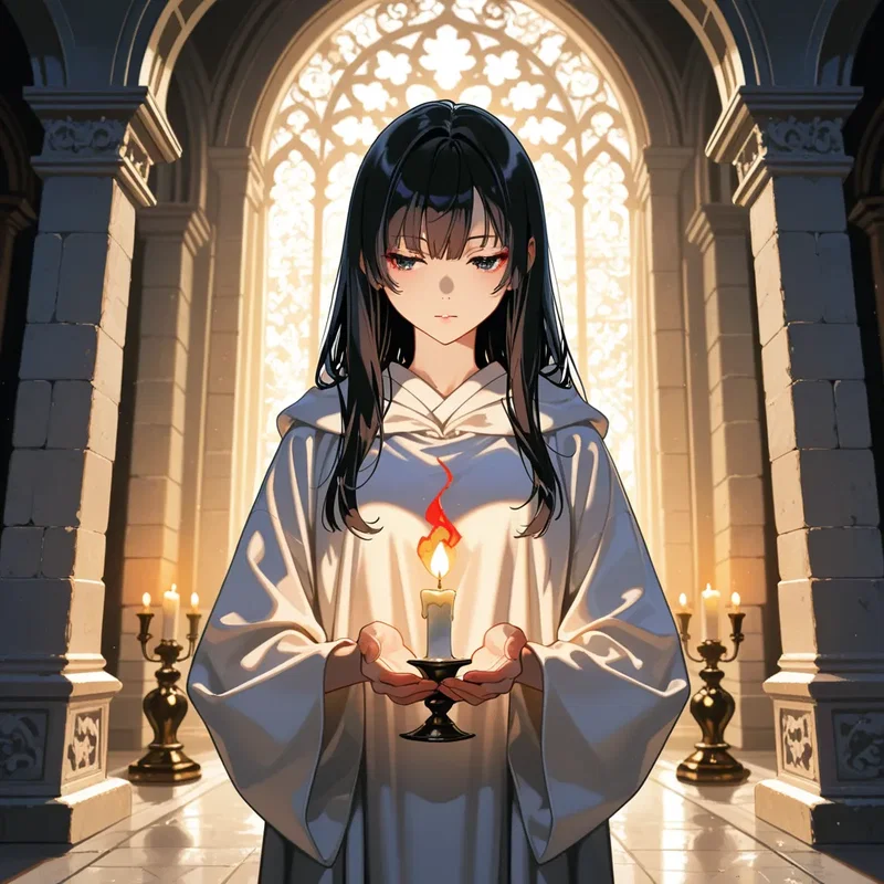 暗い神殿の廊下で一本の燭台を持ち、行く手を静かに照らしながら歩く聖歌隊の少女２