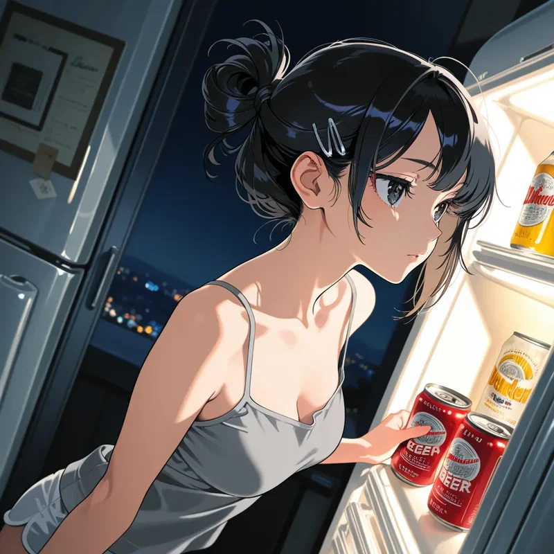 夜中に冷蔵庫から缶ビールを取り出す女の子2