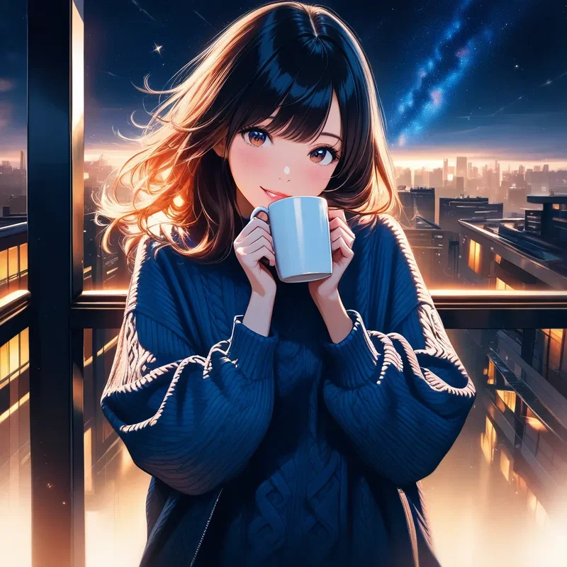 高層マンションのベランダで暖かい飲み物を飲んでいる女の子