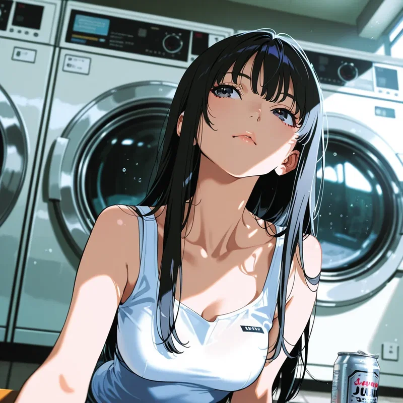 コインランドリーで洗濯が終わるのを待ってる女の子