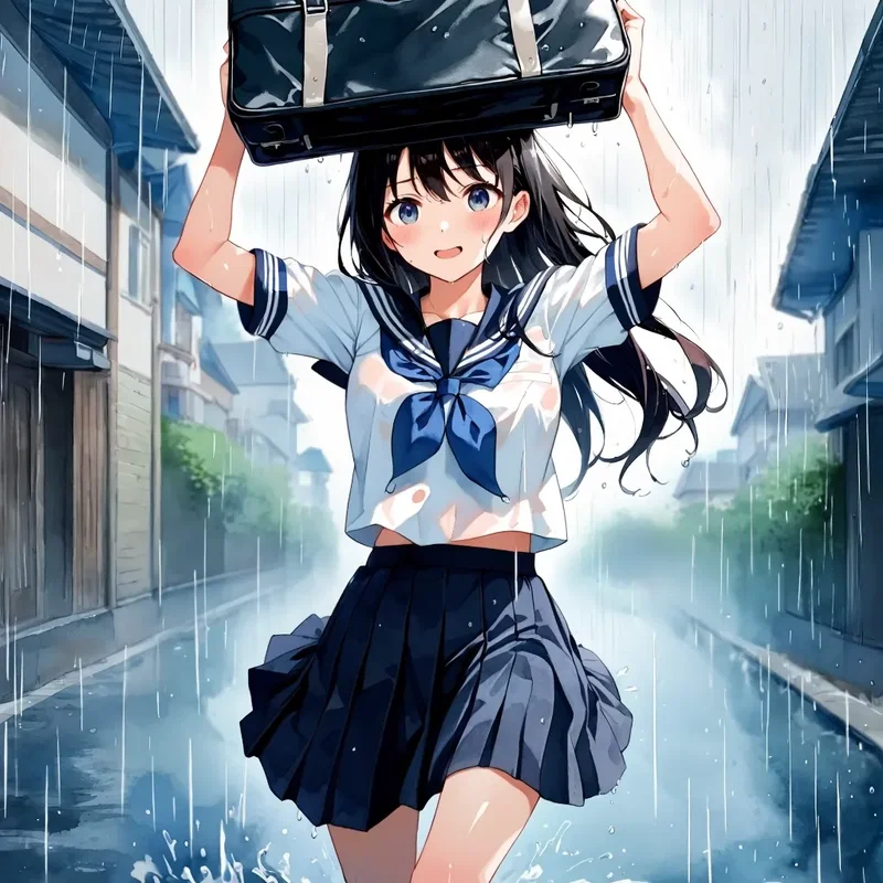 突然の大雨に駆け出す女の子２