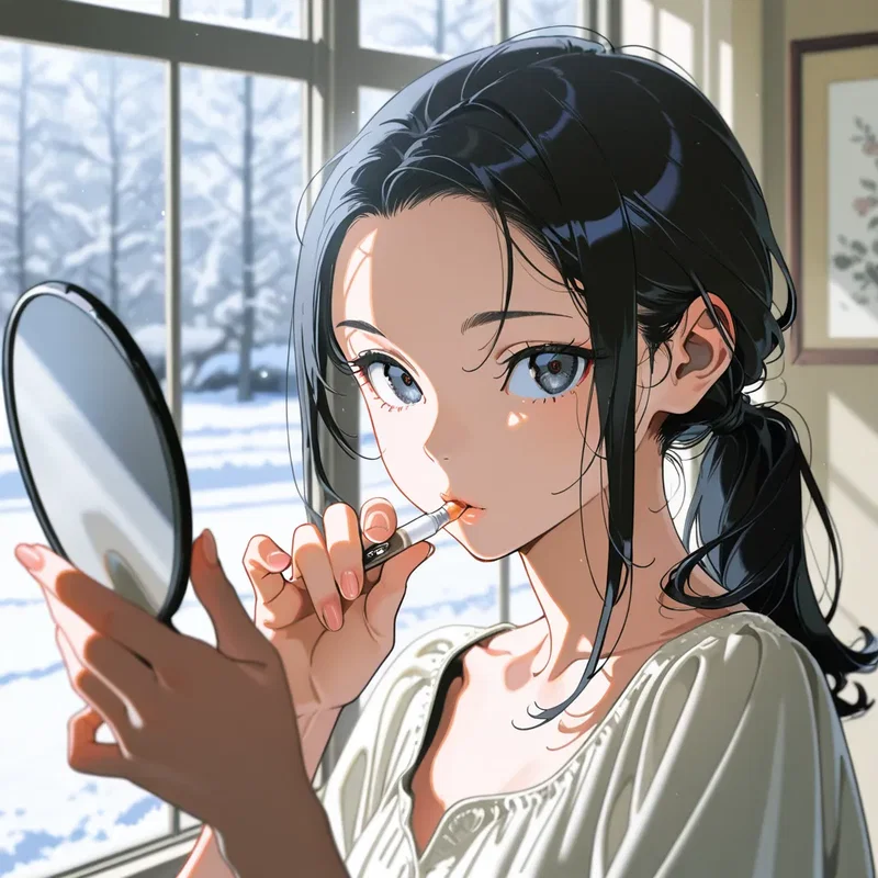 手鏡を見ながらリップクリームを塗る少女