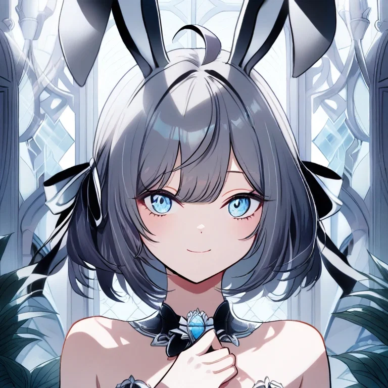 bunny girl with short gray hair blue eyes