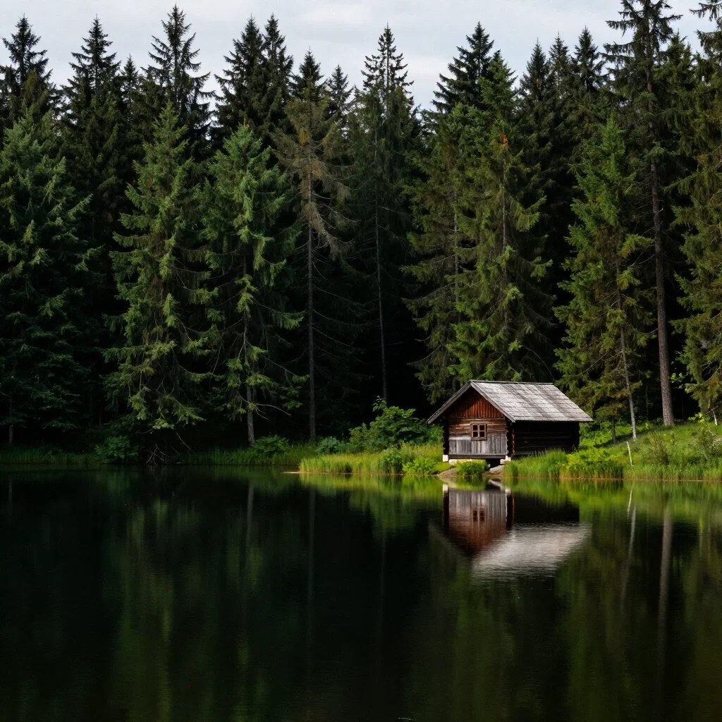 beautiful forest lake wooden hut