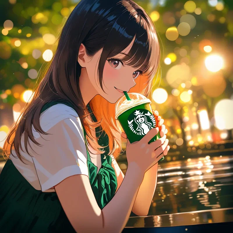 スタバのオープンカフェでくつろぐお姉さん