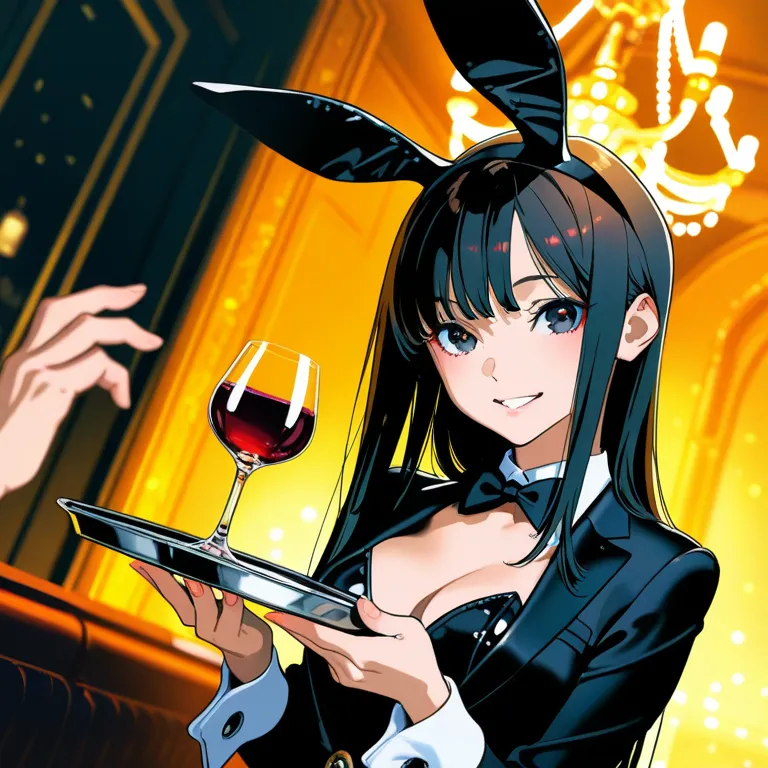 お客様にワインを渡そうとするバニーガールの女の子
