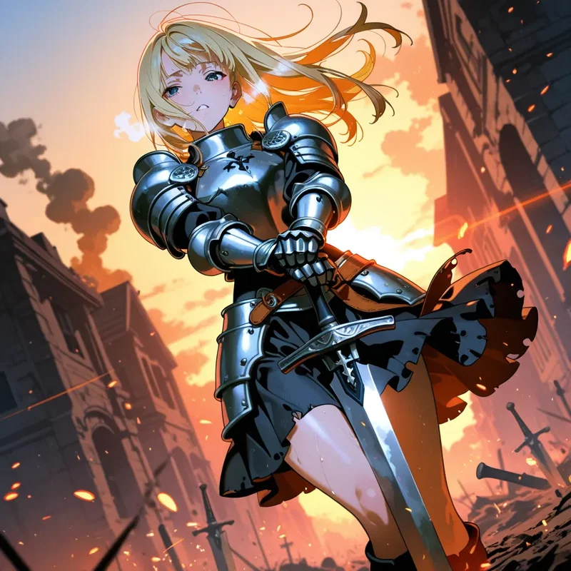戦場で疲弊している金髪の女戦士