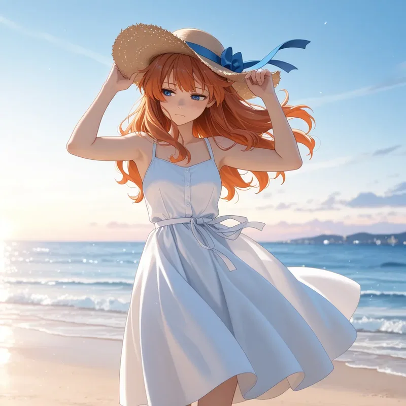 海風に麦わら帽が飛ばされそうになる女の子