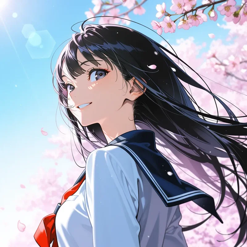 桜とセーラー服の女の子
