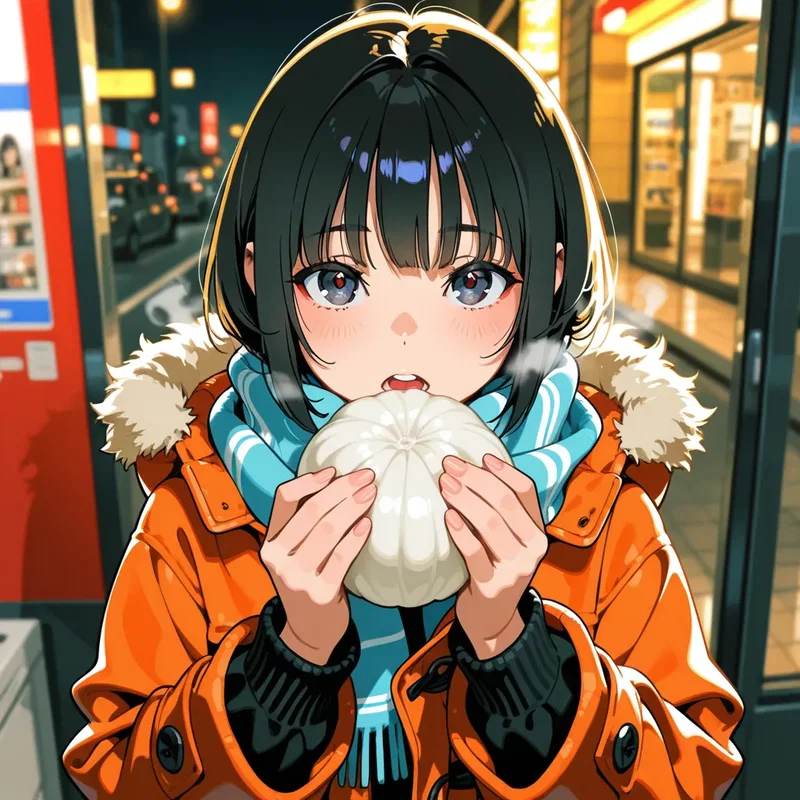 コンビニで買った肉まんをさっそく食べようとする女の子