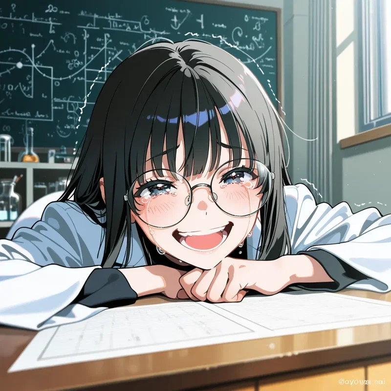 世紀の難問の答えをついに導き出して歓喜の涙を流しながら大笑顔を見せている天才数学者の少女