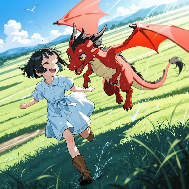【竜と少女・第三章】少し成長した竜と一緒に草原を走り回る少女