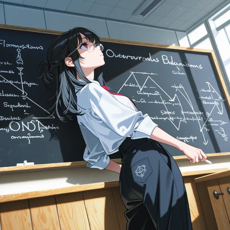 何もない空間をぼーっと眺めて数式を考えている女性研究者