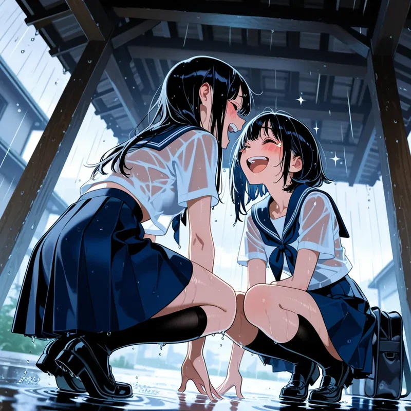 「私たち、めちゃ濡れてね？」突然のゲリラ豪雨でびしょ濡れになった自分たちが面白くて大笑いしている女子校生たち