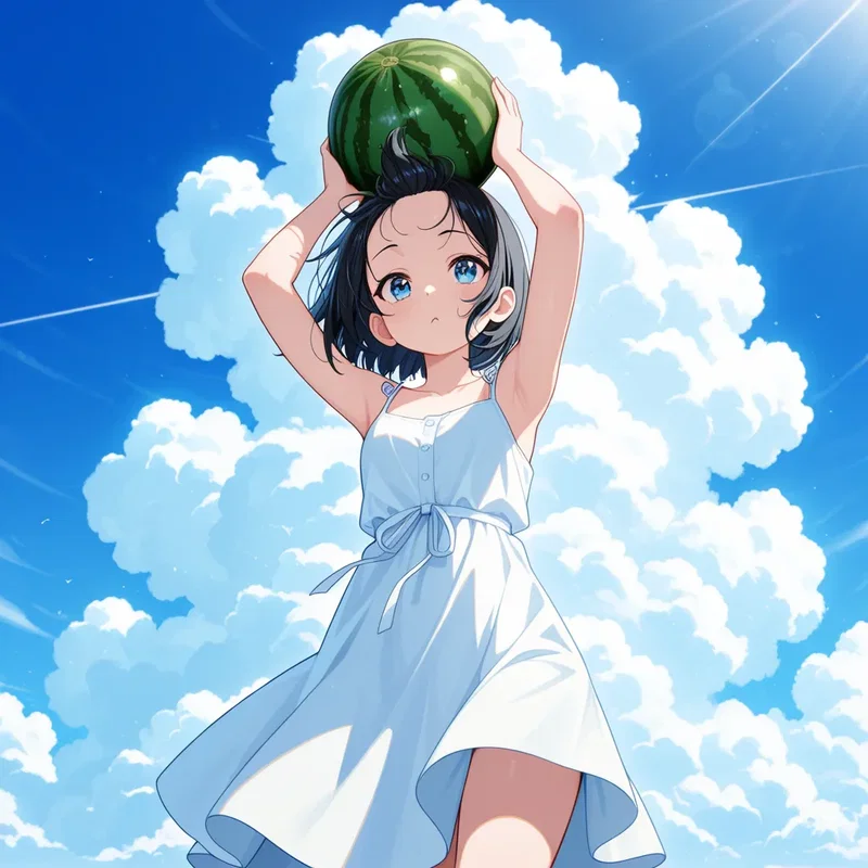 近所のおばあちゃんにスイカをもらってうちに帰る途中の少女