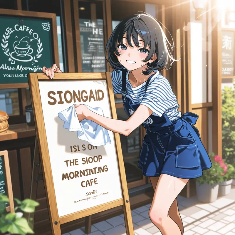 お店の看板を掃除するカフェ店員の女の子