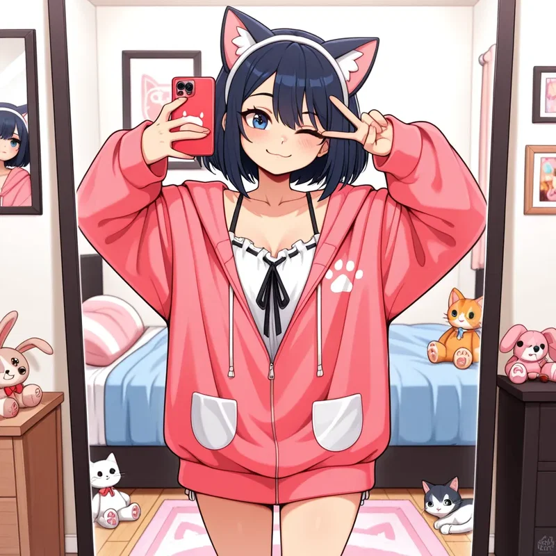 猫耳のカチューシャをつけて自撮りする少女２