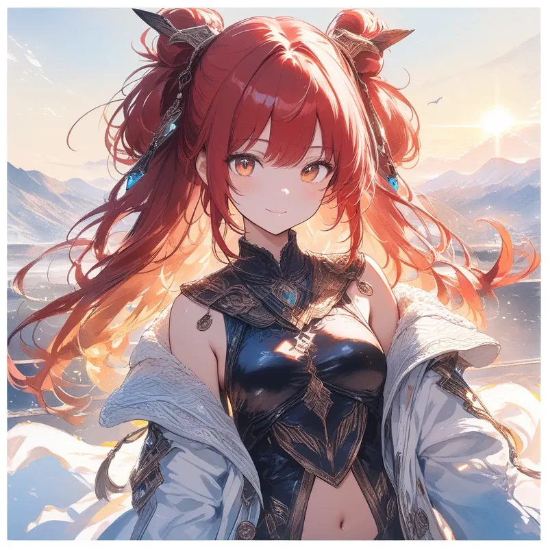 白い山頂の赤髪少女
