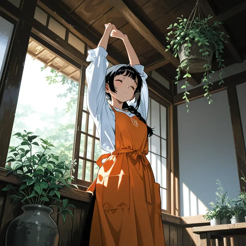 古民家で育ててる薬草の世話が終わり一息ついて背伸びしてる薬屋の女の子