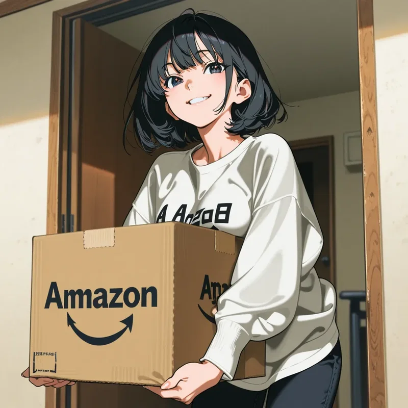 Armazonから予約してたブツが届いて怪しげな笑みを浮かべる女の子