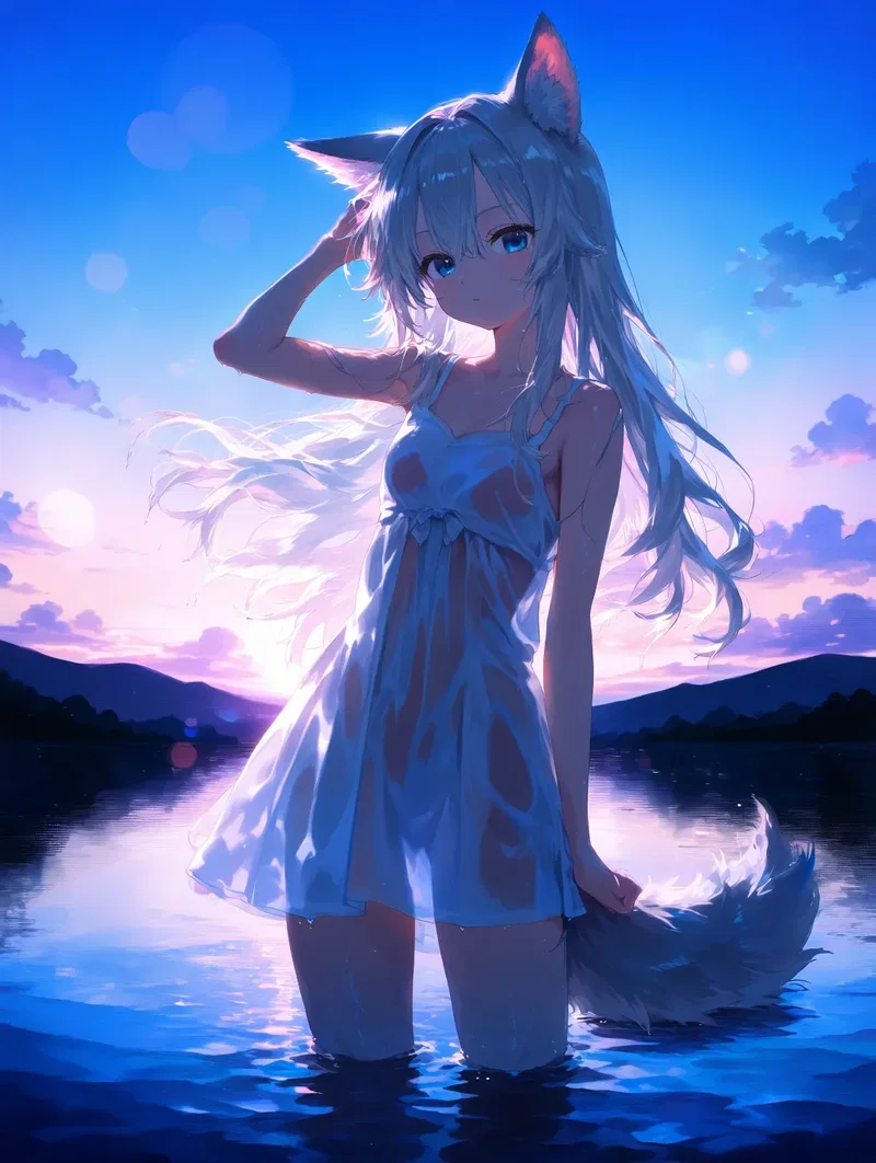 早朝から水浴びする狼娘