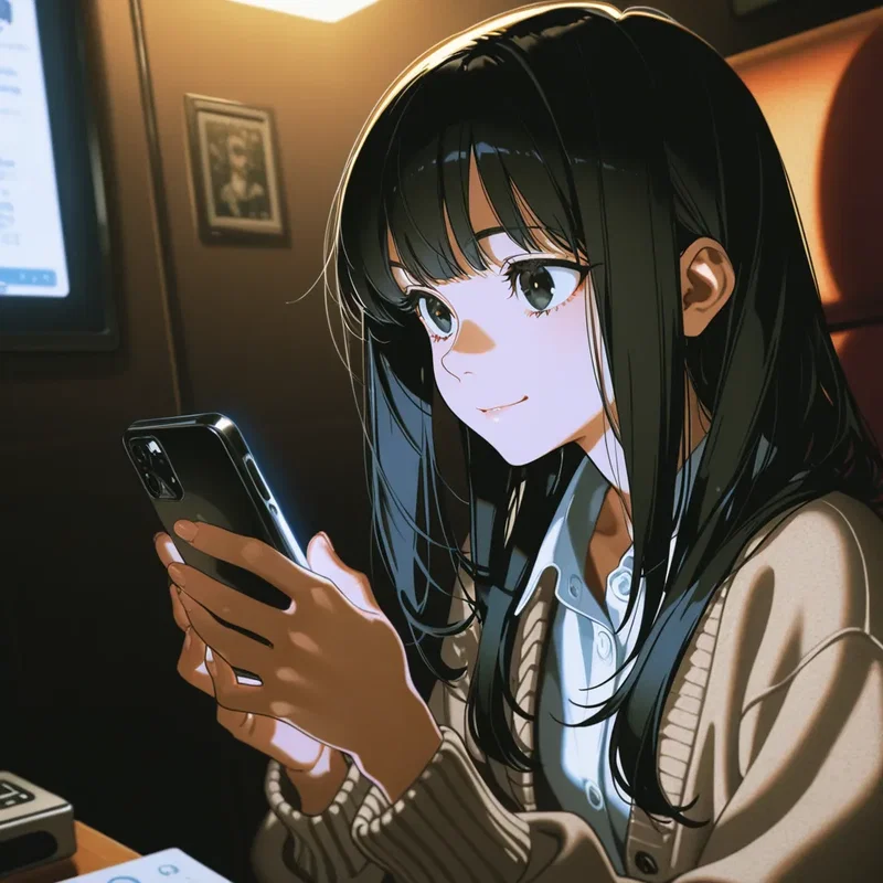 マンガ喫茶でスマホを見る女の子
