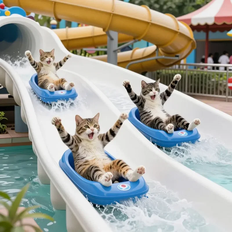 ウォータースライダーをする猫軍団