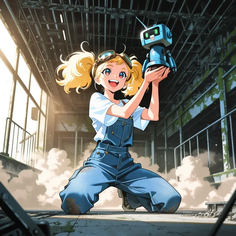 埃っぽい廃墟でブリキのロボを見つけた少女