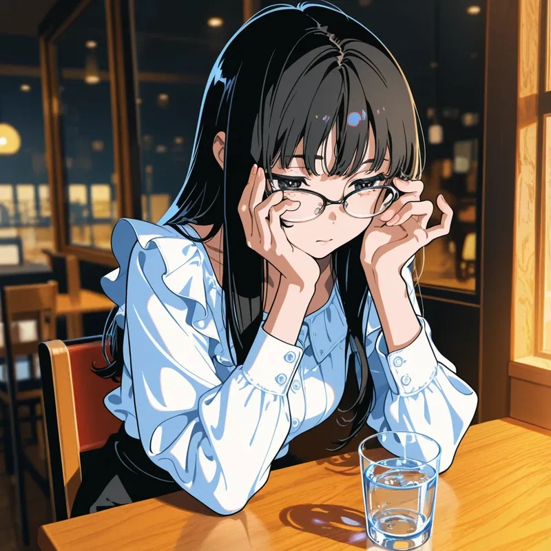 カフェの窓際で、眼鏡をそっと外している少女