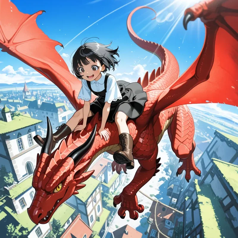 【竜と少女・第五章】竜の背中に乗って空を飛んでいる少女(A)