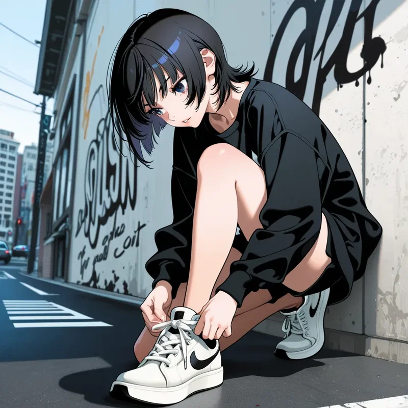 スニーカーの紐をしっかり結び直している女の子