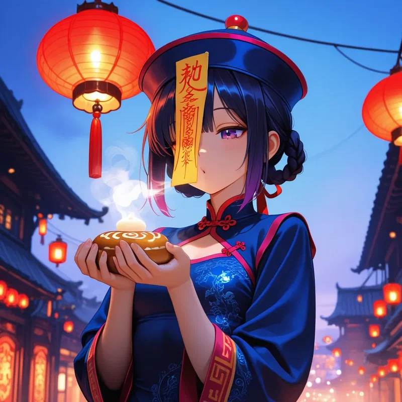 熱々の蒸しパンに息を吹きかけるキョンシー娘