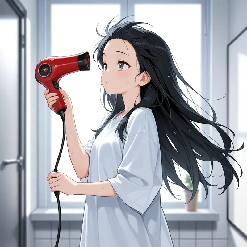 風呂上がりにドライヤーで髪を乾かす女の子
