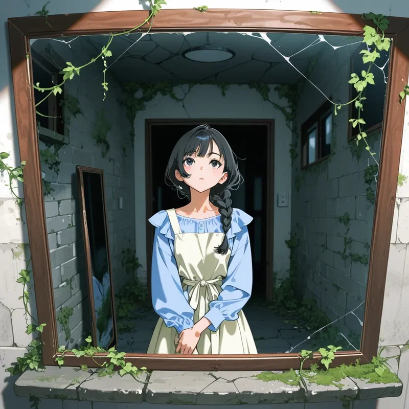 廃墟の壁にかかった古い鏡の中に、映り込んでいる少女