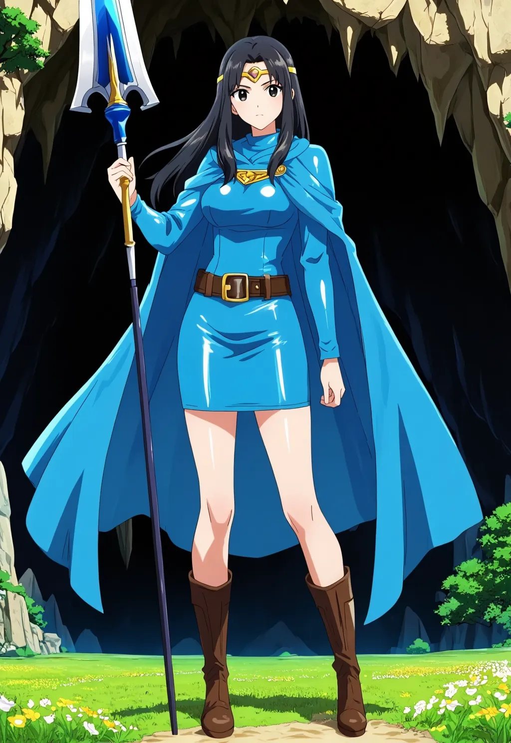 ロイヤルブルーのレザーミニドレスアニメ風聖女26.10.12-2