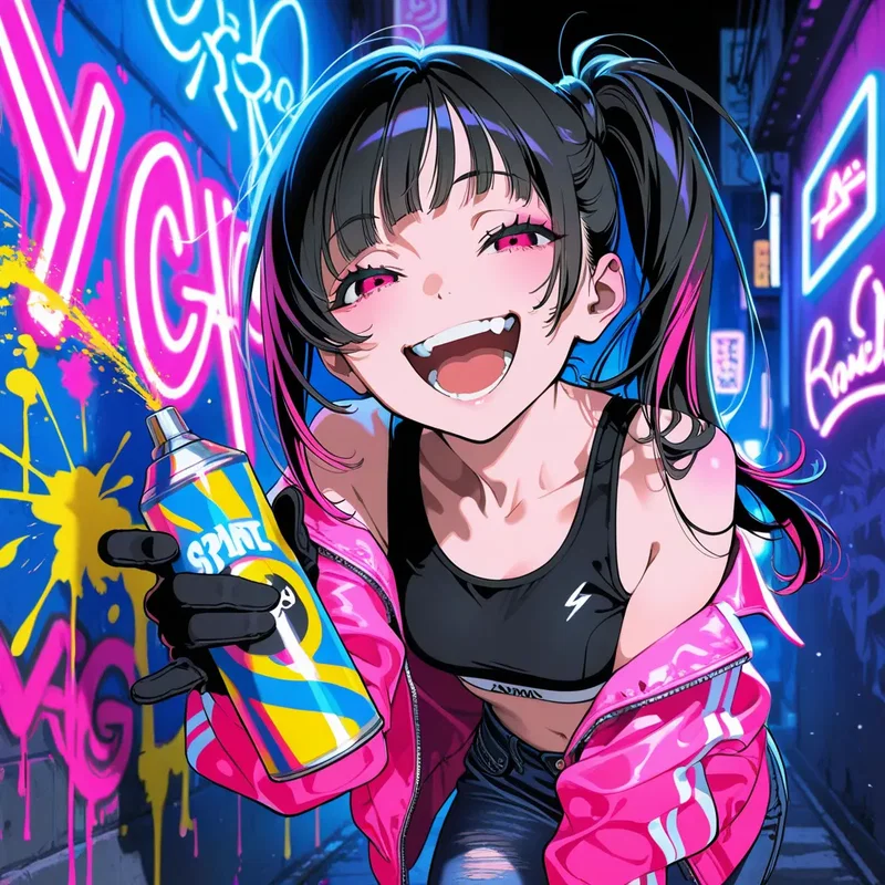 壁にスプレーで落書きしているストリート系の女の子