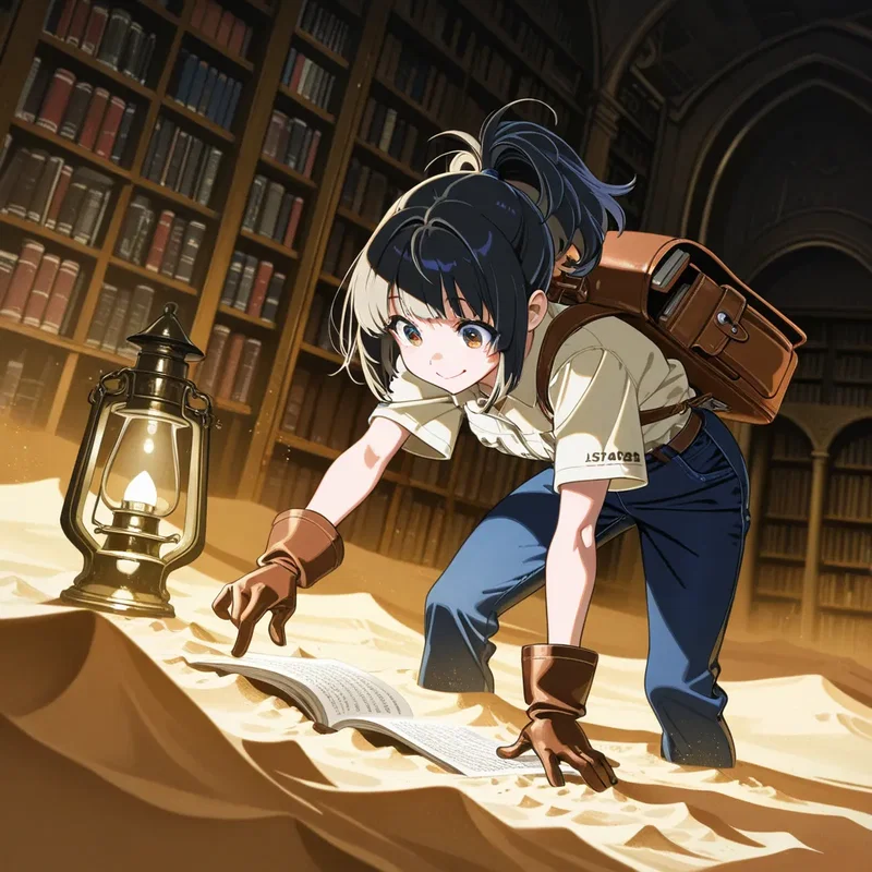 砂に埋もれてしまった古代の図書館を探検調査する女の子