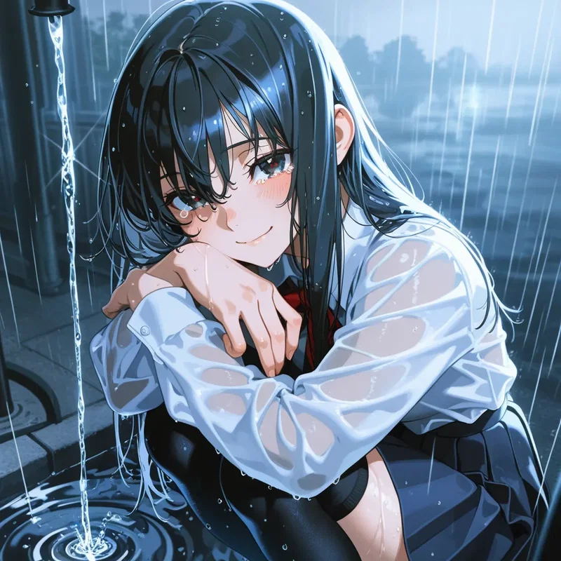 突然のゲリラ豪雨に遭い、雨宿りしている瞬間。寒さに少し震えながらも、あなたと2人きりになれた時間が嬉しくて、目に涙を少し潤ませながら「…なんか、止まないね」と優しく微笑みかけてくる女の子