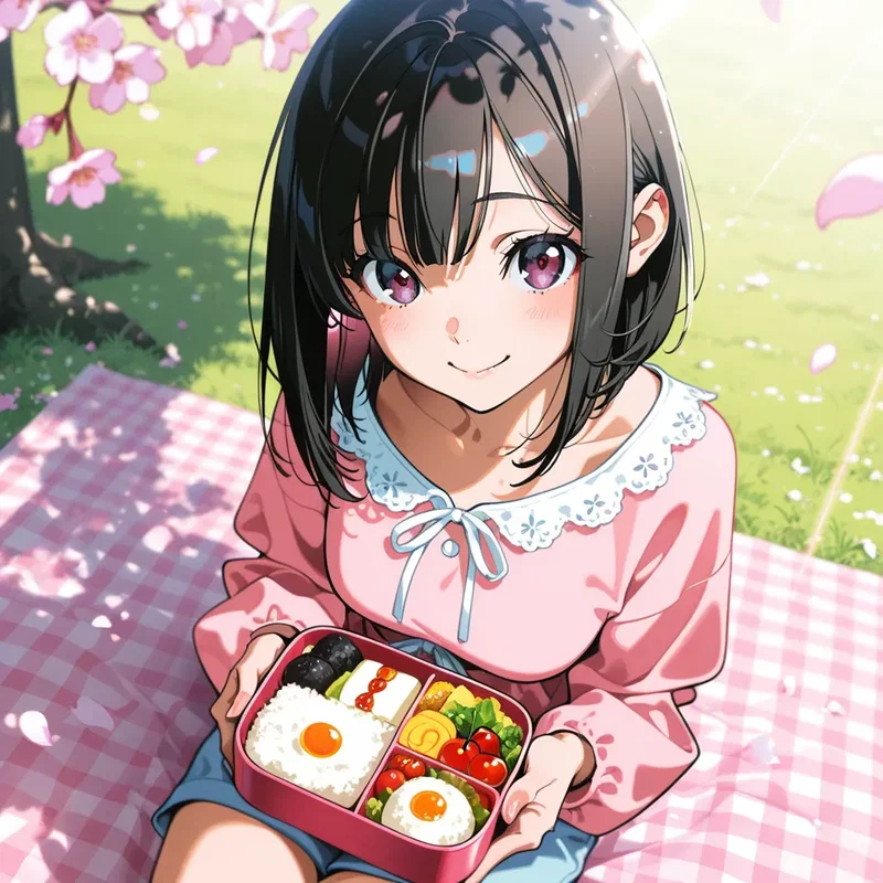 花見をしながらお弁当を食べる女の子