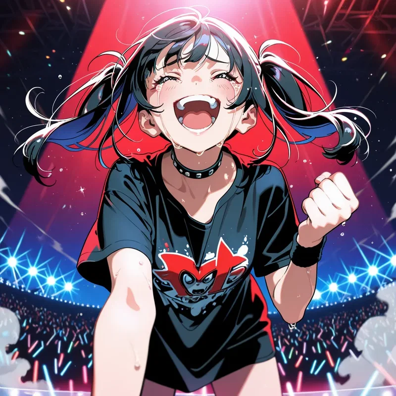 大好きなアーティストのライブ会場で、最前列で拳を突き上げながら、あまりの感動と興奮に大粒の涙を流しつつ、同時に「最高ー！」と大歓喜している女の子