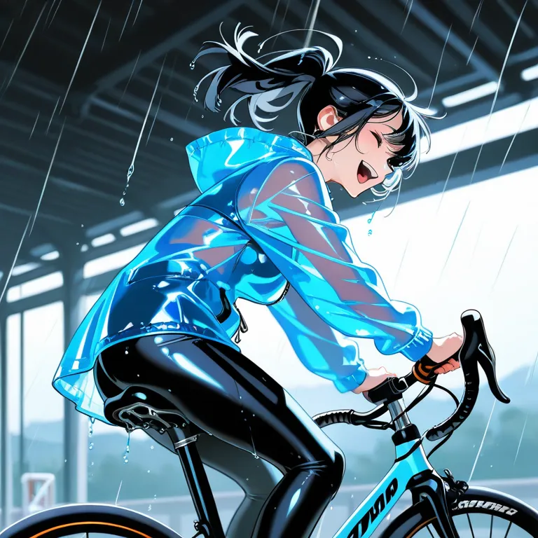 雨の中、合羽を着て自転車で疾走する女の子
