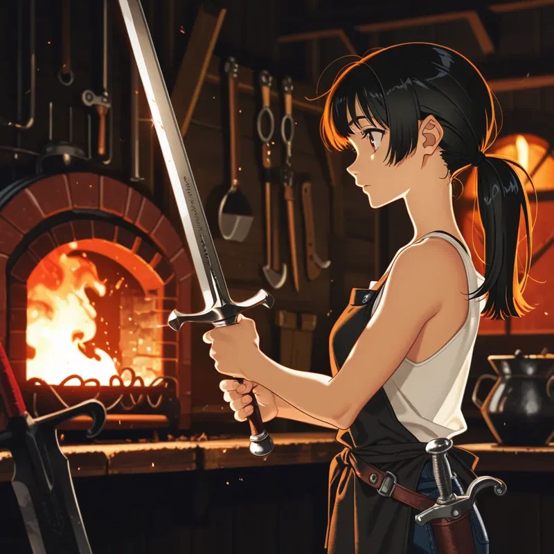この剣はまだ理想の剣に到達していないと感じる鍛冶屋の女の子