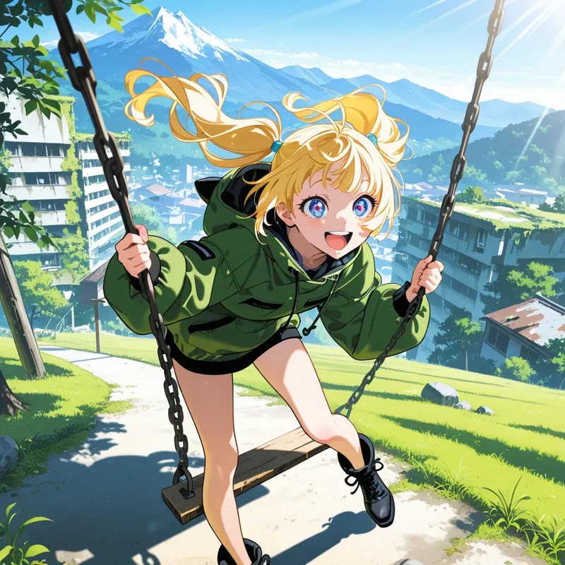 ポストアポカリプス世界で元気よくブランコで遊ぶ少女