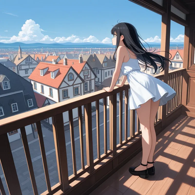 高台からヨーロッパ風の街を眺めてる白いワンピースの女の子２