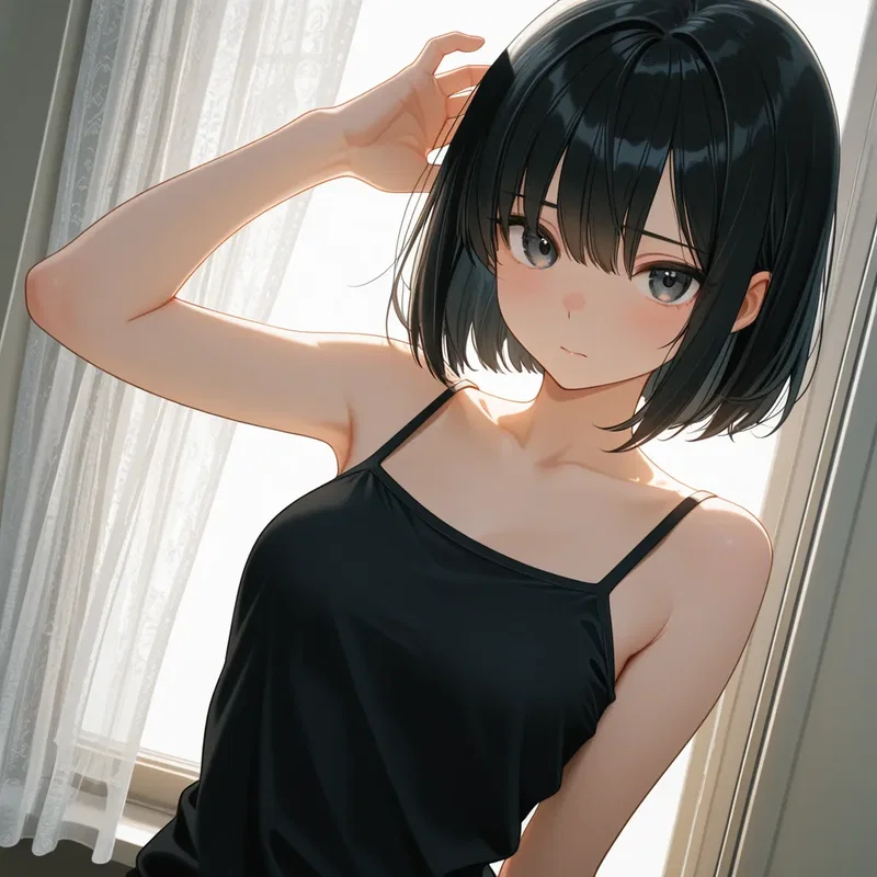 少しはにかみながら窓際に立つタンクトップの女の子