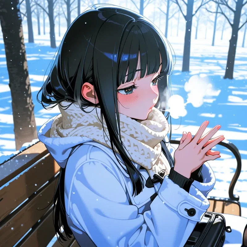 冬の寒い中、ベンチに座って息を吹きかけ手を温めている少女2