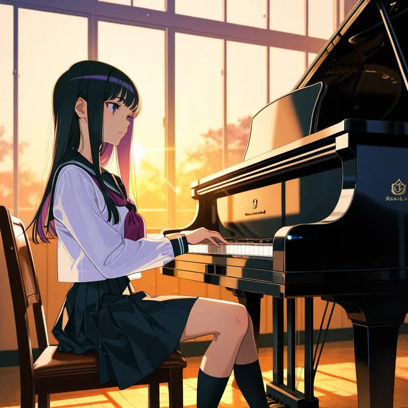 夕陽をバックにピアノを弾く少女
