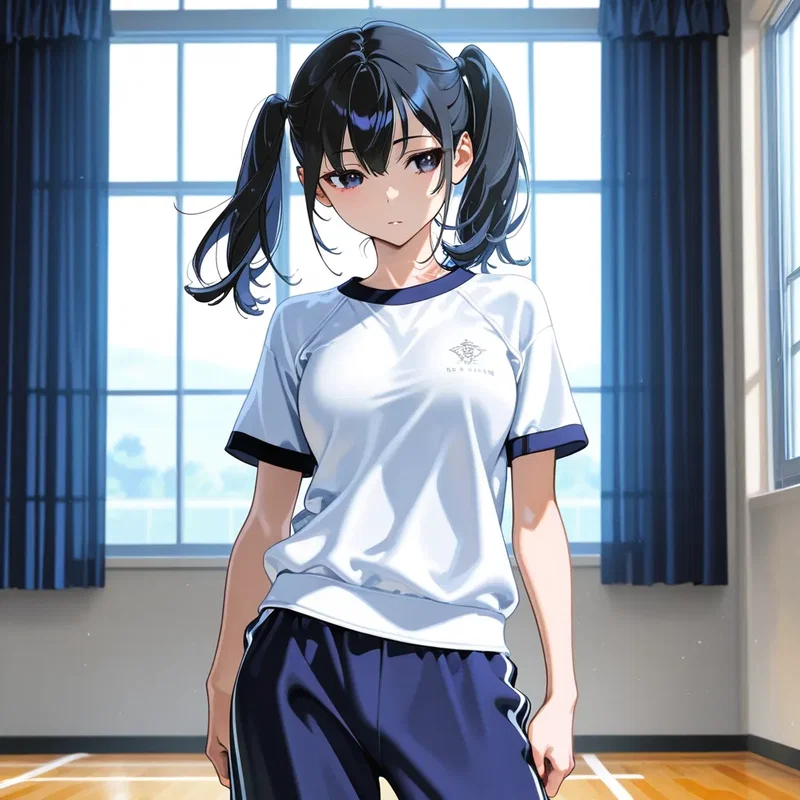 体育館で体操服を着ているツインテールの女の子