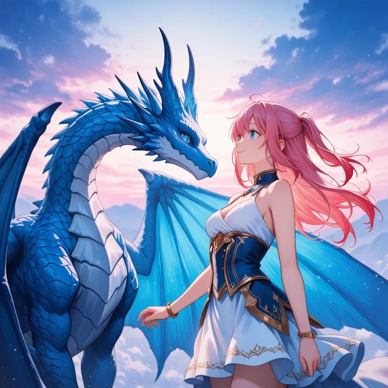 青いドラゴンとピンク髪の少女