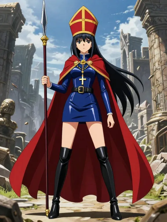 anime holy maiden fantasy ruins blue dress lance
